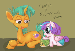 Size: 2744x1885 | Tagged: safe, artist:noupu, derpibooru import, princess flurry heart, snails, whammy, alicorn, pony, unicorn, baby, baby pony, crossed hooves, duo, female, lidded eyes, lying down, male, open mouth, open smile, plushie, prone, smiling, tongue, tongue out