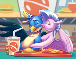 Size: 2532x1983 | Tagged: safe, artist:kittytitikitty, derpibooru import, gallus, silverstream, classical hippogriff, griffon, hippogriff, burger, cute, diastreamies, drink, embrace, fast food, female, food, french fries, gallabetes, gallstream, hamburger, interspecies, kiss on the cheek, kissing, male, shipping, spread wings, straight, teenager, wings