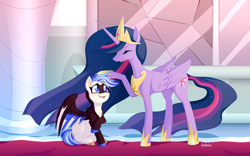 Size: 4368x2727 | Tagged: safe, artist:xackadzu, derpibooru import, princess twilight 2.0, twilight sparkle, twilight sparkle (alicorn), oc, alicorn, pegasus, pony, the last problem, duo, female, head pat, hoof on head, jewelry, mare, older, older twilight, open mouth, open smile, pegasus oc, regalia, smiling