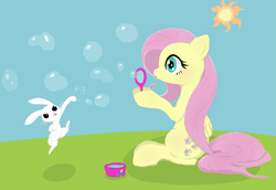 Size: 1457x1000 | Tagged: safe, artist:noupu, derpibooru import, angel bunny, fluttershy, pegasus, pony, rabbit, animal, blowing bubbles, bubble, bubble wand, duo, female, jumping, male, mare, punch, sitting, smiling, sun