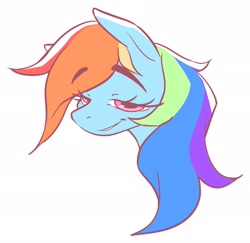 Size: 2480x2408 | Tagged: safe, artist:littmosa, derpibooru import, rainbow dash, pegasus, pony, bust, eyebrows, eyebrows visible through hair, lidded eyes, simple background, solo, white background