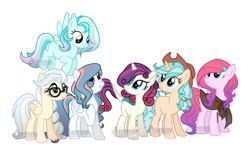 Size: 1024x636 | Tagged: safe, artist:auroranovasentry, derpibooru import, oc, oc only, earth pony, kirin, pegasus, pony, unicorn, female, hat, magical lesbian spawn, mare, offspring, parent:applejack, parent:autumn blaze, parent:fluttershy, parent:lyra heartstrings, parent:party favor, parent:pinkie pie, parent:radiant hope, parent:rainbow dash, parent:rarity, parent:thunderlane, parent:twilight sparkle, parent:vapor trail, parents:applefavor, parents:lyradash, parents:radiantpie, parents:rariblaze, parents:thundershy, parents:vaporlight, simple background, transparent background, watermark