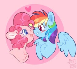 Size: 823x739 | Tagged: safe, artist:nullkunst, derpibooru import, pinkie pie, rainbow dash, earth pony, pegasus, pony, bust, female, floating heart, heart, lesbian, pink background, pinkiedash, shipping, simple background