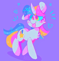 Size: 1986x2048 | Tagged: safe, artist:swirlseypop, derpibooru import, oc, oc only, pony, unicorn, :p, cheek fluff, chest fluff, emanata, freckles, multicolored hair, purple background, simple background, solo, tongue, tongue out