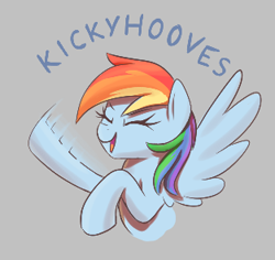 Size: 313x296 | Tagged: safe, artist:thebatfang, derpibooru import, rainbow dash, pegasus, pony, aggie.io, eyes closed, female, flying, happy, hoofy-kicks, lowres, mare, open mouth, simple background, smiling, waving