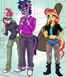 Size: 1134x1304 | Tagged: safe, artist:urhangrzerg, derpibooru import, dusk shine, moondancer, sunset shimmer, twilight sparkle, anthro, plantigrade anthro, unicorn, backpack, belly button, boots, clothes, denim shorts, ear piercing, glasses, guitar case, jacket, leather jacket, male, nose piercing, pants, piercing, rule 63, shoes, shorts, stockings, sweater, tanktop, thigh highs