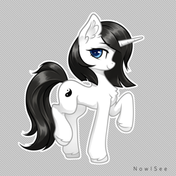 Size: 2500x2500 | Tagged: safe, artist:inowiseei, derpibooru import, oc, oc only, oc:clio blackmane, pony, unicorn, chest fluff, ear fluff, ears, female, mare, one leg raised, simple background, solo, white outline, yin-yang