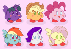 Size: 1093x758 | Tagged: safe, artist:noupu, derpibooru import, applejack, fluttershy, pinkie pie, rainbow dash, rarity, twilight sparkle, :i, applejack's hat, blush sticker, blushing, clothes, cowboy hat, hat, horn, kirby (series), kirbyfied, mane six, open mouth, open smile, puffball, smiling, species swap, wings