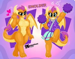 Size: 1211x964 | Tagged: safe, artist:platinumkinght, derpibooru import, smolder, anthro, digitigrade anthro, dragon, barbie doll anatomy, breasts, cheering, cheerleader, cheerleader smolder, dragoness, female, heart, lizard breasts, outline, smolder-boulders, solo, white outline