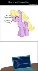 Size: 1145x2131 | Tagged: safe, artist:rainbowshine295, derpibooru import, oc, pegasus, pony, blushing, comic strip, computer, hearts and hooves day, laptop computer, pegasus oc, ponysona, speech bubble