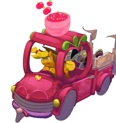 Size: 2649x2800 | Tagged: safe, artist:applephil, derpibooru import, applejack, twilight sparkle, earth pony, pony, unicorn, apple, applejack truck, car, cardboard twilight, food, road rage, simple background, transparent background