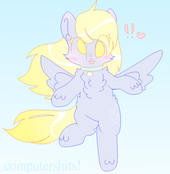 Size: 1236x1274 | Tagged: safe, artist:computershits, derpibooru import, derpy hooves, pegasus, bell, blushing, chest fluff, collar, ear fluff, ears, female, flying, gradient background, heart, lightly watermarked, looking at you, simple background, sky, solo, spread wings, watermark, windswept mane, wings