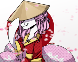 Size: 2688x2160 | Tagged: safe, artist:juiss, derpibooru import, oc, oc only, lamia, original species, hat, petals, samurai, straw hat