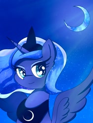 Size: 768x1024 | Tagged: safe, artist:zeon_starlight, derpibooru import, princess luna, alicorn, pony, bust, crescent moon, ethereal mane, female, horn, jewelry, looking at you, mare, moon, night, night sky, regalia, sky, smiling, smiling at you, solo, spread wings, starry eyes, starry mane, wingding eyes, wings