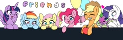 Size: 1500x500 | Tagged: safe, artist:zeon_starlight, derpibooru import, applejack, fluttershy, pinkie pie, rainbow dash, rarity, spike, twilight sparkle, twilight sparkle (alicorn), alicorn, dragon, earth pony, pegasus, pony, unicorn, :3, apple, applejack's hat, balloon, blushing, blushing profusely, clothes, cowboy hat, emanata, eyes closed, female, food, freckles, friends, hat, heart, hoof hold, horn, looking at someone, looking at you, looking down, male, mane seven, mane six, mare, one eye closed, open mouth, open smile, smiling, spread wings, text, tongue, tongue out, wings, wink, winking at you