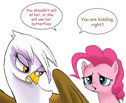 Size: 2480x2028 | Tagged: safe, artist:doublewbrothers, derpibooru import, edit, edited screencap, screencap, gilda, pinkie pie, griffon, background removed, not a vector, simple background, speech bubble, transparent background