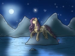 Size: 512x384 | Tagged: safe, artist:unknownfilters, derpibooru import, fluttershy, pegasus, pony, female, full moon, lying down, mare, moon, night, night sky, outdoors, prone, rock, sky, solo, spread wings, water, wings, wings down