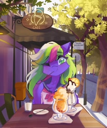 Size: 856x1024 | Tagged: safe, artist:saxopi, derpibooru import, oc, oc only, pegasus, pony, cafe, cheek fluff, chest fluff, clothes, colored pupils, cup, date, detailed background, eyebrows, eyebrows visible through hair, eyelashes, food, green eyes, ice cream, ice cream sundae, looking at you, multicolored mane, napkin, oc name needed, offscreen character, one eye closed, outdoors, pegasus oc, plate, pov, road, sailor uniform, seat, smiling, smiling at you, table, tree, uniform, wink, winking at you