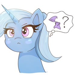 Size: 768x768 | Tagged: safe, artist:zeon_starlight, derpibooru import, trixie, pony, unicorn, bust, cape, clothes, female, hat, horn, mare, portrait, question mark, simple background, solo, starry eyes, thought bubble, trixie's cape, trixie's hat, white background, wingding eyes