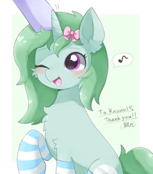 Size: 599x680 | Tagged: safe, artist:ginmaruxx, derpibooru import, oc, oc only, pony, unicorn, blushing, clothes, cute, female, head pat, horn, japanese, mare, music notes, ocbetes, offscreen character, one eye closed, open mouth, open smile, pat, patting, raised hoof, raised leg, ribbon, smiling, socks, solo, speech bubble, striped socks