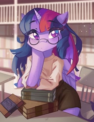 Size: 3144x4096 | Tagged: safe, artist:saxopi, derpibooru import, twilight sparkle, twilight sparkle (alicorn), alicorn, semi-anthro, blurry background, book, bookshelf, clothes, colored pupils, eyebrows, eyebrows visible through hair, eyelashes, female, folded wings, glasses, high res, hoof on chin, horn, library, looking at you, mare, multicolored mane, purple coat, purple eyes, round glasses, shirt, signature, solo, tail, wings
