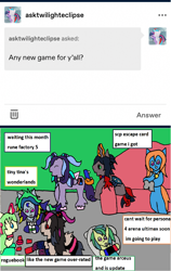 Size: 1172x1857 | Tagged: safe, artist:ask-luciavampire, derpibooru import, oc, changeling, earth pony, pegasus, pony, unicorn, ask, ask-ponys-gamer-club, tumblr