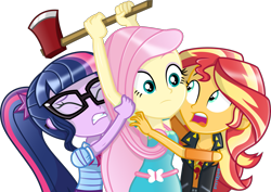 Size: 3025x2141 | Tagged: safe, artist:steyrrdash, derpibooru import, fluttershy, sci-twi, sunset shimmer, twilight sparkle, equestria girls, hatchet, moments before disaster, simple background, this will end in murder, this will not end well, transparent background, trio