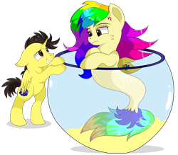 Size: 8800x7710 | Tagged: safe, artist:rainbowtashie, derpibooru import, oc, oc:rainbow tashie, oc:tommy the human, alicorn, pony, seapony (g4), alicorn oc, annoyed, australia, bipedal, child, colt, commissioner:bigonionbean, cute, cutie mark, daaaaaaaaaaaw, dialogue, duo, female, fish bowl, foal, grin, horn, hug, male, seaponified, simple background, smiling, species swap, thicc ass, thought bubble, transparent background, unamused, wings