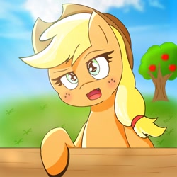 Size: 768x768 | Tagged: safe, artist:zeon_starlight, derpibooru import, applejack, earth pony, pony, apple, apple tree, applejack's hat, clothes, cowboy hat, female, food, freckles, hat, mare, open mouth, solo, tree