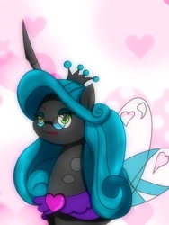 Size: 768x1024 | Tagged: safe, artist:zeon_starlight, derpibooru import, idw, queen chrysalis, reversalis, changeling, changeling queen, reflections, spoiler:comic, bust, female, glasses, heart, heart background, lidded eyes, loving chrysalis, mare, mirror universe, solo