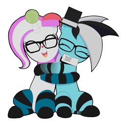 Size: 2436x2470 | Tagged: safe, artist:darktomato, derpibooru import, oc, oc only, oc:med, oc:purapoint, earth pony, pony, unicorn, ball, blue pony, christmas, clothes, cute, earth pony oc, female, glasses, happy, hat, holiday, hooves, horn, hug, hugging a pony, looking at each other, male, mare, monster energy, santa hat, simple background, sitting, smiling, smiling at each other, socks, stallion, stripes, tennis ball, top hat, transparent background, unicorn oc, wholesome