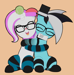 Size: 2436x2470 | Tagged: safe, artist:darktomato, derpibooru import, oc, oc only, oc:med, oc:purapoint, earth pony, pony, unicorn, ball, blue pony, christmas, clothes, cute, earth pony oc, female, glasses, happy, hat, holiday, hooves, horn, hug, hugging a pony, looking at each other, male, mare, monster energy, santa hat, simple background, sitting, smiling, smiling at each other, socks, stallion, stripes, tennis ball, top hat, unicorn oc, wholesome, yellow background