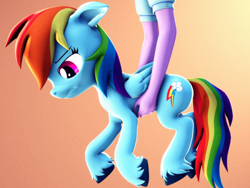 Size: 2880x2160 | Tagged: safe, artist:psfmer, derpibooru import, rainbow dash, twilight sparkle, pegasus, pony, equestria girls, 3d, disembodied arm, disembodied hand, female, gradient background, hand, high res, holding a pony, mare, scrunchy face, solo, source filmmaker, unshorn fetlocks