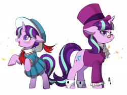 Size: 1907x1430 | Tagged: safe, artist:hosikawa, derpibooru import, snowfall frost, starlight glimmer, pony, a hearth's warming tail, bipedal, clothes, cute, female, filly, filly starlight glimmer, foal, glasses, glimmerbetes, hat, jabot, looking at you, open mouth, open smile, rearing, simple background, skirt, smiling, solo, top hat, white background, younger