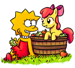 Size: 1913x1756 | Tagged: safe, artist:larrychan, derpibooru import, apple bloom, earth pony, pony, apple, crossover, female, filly, foal, food, grin, lisa simpson, looking at each other, looking at someone, redraw, smiling, the simpsons