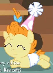 Size: 667x910 | Tagged: safe, derpibooru import, screencap, pumpkin cake, pony, unicorn, baby cakes, baby, baby pony, cropped, diaper, eyes closed, female, filly, foal, hat, party hat, slipping, solo, white diaper