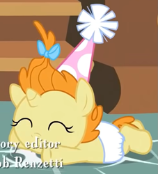 Size: 731x805 | Tagged: safe, derpibooru import, screencap, pumpkin cake, pony, baby cakes, baby, baby pony, cropped, diaper, eyes closed, hat, lying down, party hat, prone, solo, sploot, white diaper