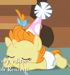 Size: 740x792 | Tagged: safe, derpibooru import, screencap, pumpkin cake, pony, baby cakes, baby, baby pony, cropped, cute, cute baby, diaper, eyes closed, hat, party hat, solo, white diaper