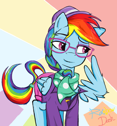 Size: 1232x1328 | Tagged: safe, artist:sallycars, derpibooru import, rainbow dash, pegasus, pony, abstract background, alternate hairstyle, clothes, glasses, hat, hipster, ms paint, scarf, shirt, shorts, solo, wing hands, wings