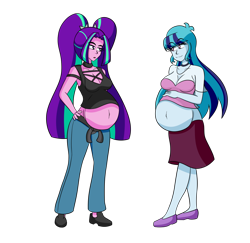 Size: 1364x1328 | Tagged: safe, artist:jake heritagu, artist:pacificside18, derpibooru import, aria blaze, sonata dusk, comic:aria's archives, equestria girls, aria bazookas, belly, belly button, big belly, breasts, clothes, female, hand on hip, jeans, pants, pigtails, pregnant, pregnata dusk, shoes, simple background, skirt, sonata bust, tanktop, transparent background, twintails