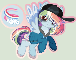 Size: 1353x1072 | Tagged: safe, artist:stormcloud-yt, derpibooru import, oc, oc only, pegasus, pony, bags under eyes, base used, cap, clothes, hat, hoodie, multicolored hair, offspring, parent:rainbow dash, parent:soarin', parents:soarindash, pegasus oc, rainbow hair, simple background, solo, wings