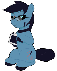 Size: 1891x2358 | Tagged: safe, artist:darktomato, derpibooru import, oc, oc only, oc:pawker, earth pony, pony, black hair, blue eyes, blue pony, glasses, simple background, solo, stylus, swamp cinema, tablet, transparent background