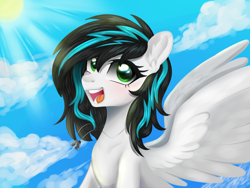 Size: 1600x1200 | Tagged: safe, artist:kaikururu, derpibooru import, oc, oc only, oc:danger close, pegasus, pony, :d, eyelashes, female, mare, open mouth, open smile, pegasus oc, smiling, spread wings, wings