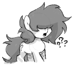 Size: 489x430 | Tagged: safe, artist:plunger, ponerpics import, oc, oc only, oc:anon filly, confused, female, filly, foal, gasp, hair covering face, monochrome, open mouth, question mark, simple background, solo, standing, white background