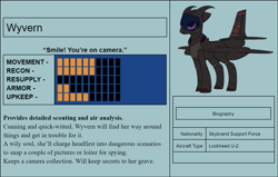Size: 1249x793 | Tagged: safe, artist:andromailus, oc, oc only, oc:wyvern, original species, plane pony, pony, female, horns, looking at you, plane, purple eyes, text, u-2