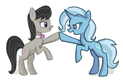 Size: 446x293 | Tagged: safe, artist:plunger, artist:toffo, ponerpics import, octavia melody, trixie, earth pony, pony, unicorn, bipedal, duo, female, full body, high five, hoofbump, mare, necktie, open mouth, open smile, simple background, smiling, standing, teeth, tongue, tongue out, white background