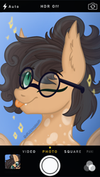 Size: 1214x2160 | Tagged: safe, artist:valeramoongod, derpibooru import, oc, oc only, oc:nixie tube, bat pony, earth pony, hybrid, :p, coat markings, commission, dappled, ear fluff, ears, fangs, glasses, one eye closed, phone screen, selfie, solo, tongue, tongue out, wink, ych result