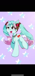 Size: 828x1792 | Tagged: safe, artist:zeon_starlight, derpibooru import, earth pony, pony, :3, anime, black bars, female, hatsune miku, kotobukiya, kotobukiya hatsune miku pony, mare, music notes, open mouth, ponified, solo, starry background, stars, vocaloid