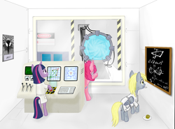 Size: 1188x877 | Tagged: safe, artist:mindlesshead, derpibooru import, derpy hooves, pinkie pie, twilight sparkle, unicorn twilight, earth pony, pegasus, pony, unicorn, chalkboard, clothes, computer, food, lab coat, muffin, stargate