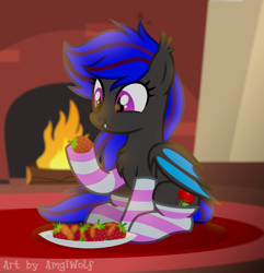 Size: 1602x1662 | Tagged: safe, artist:amgiwolf, derpibooru import, oc, oc only, oc:ebony rose, bat pony, chest fluff, clothes, commission, commissioner:wolfgangrd, cute, cutie mark, ear tufts, eating, fangs, fire, fireplace, food, rug, socks, solo, strawberry, striped socks, watermark